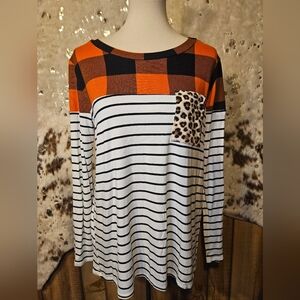 Orange Plaid and Striped Women's Top